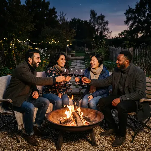 Outdoor Wine Night with Diverse Group by Fire Pit