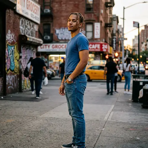 Stylish African American Man in Blue T-shirt and Jeans