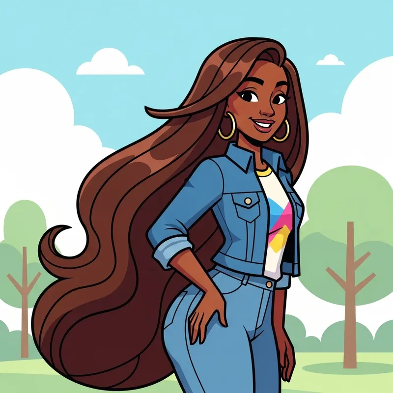 Black Cartoon Girl with Long Brown Hair