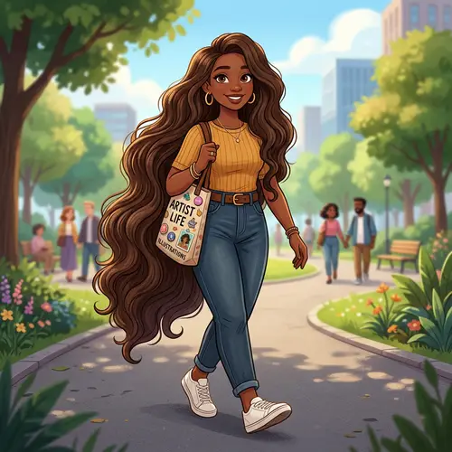 Black Cartoon Girl with Long Brown Hair