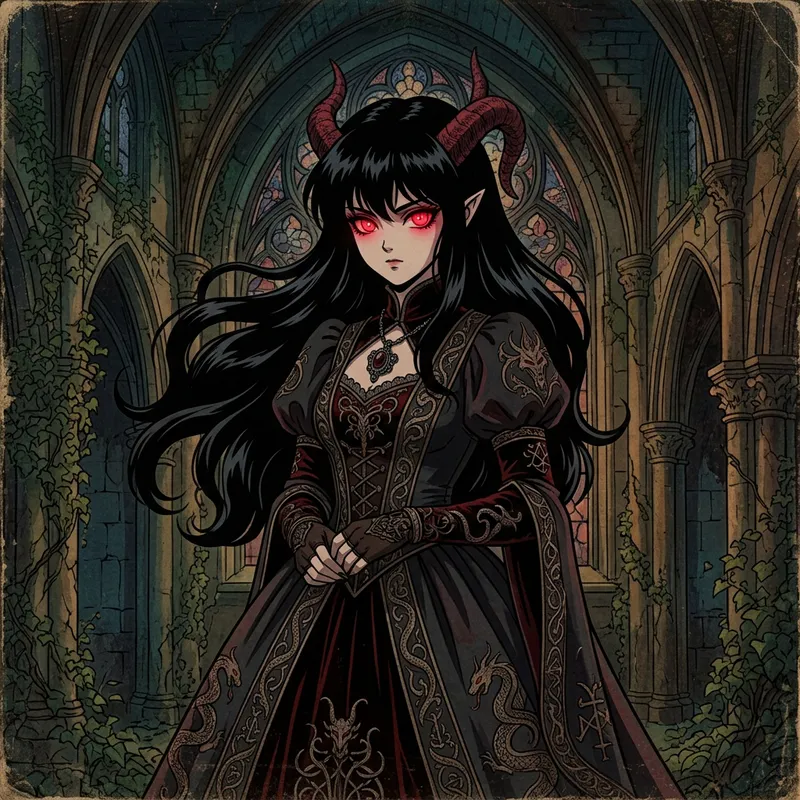 Demon Anime Girl - Gothic Inspired Art of a Crimson-Eyed Animated Character