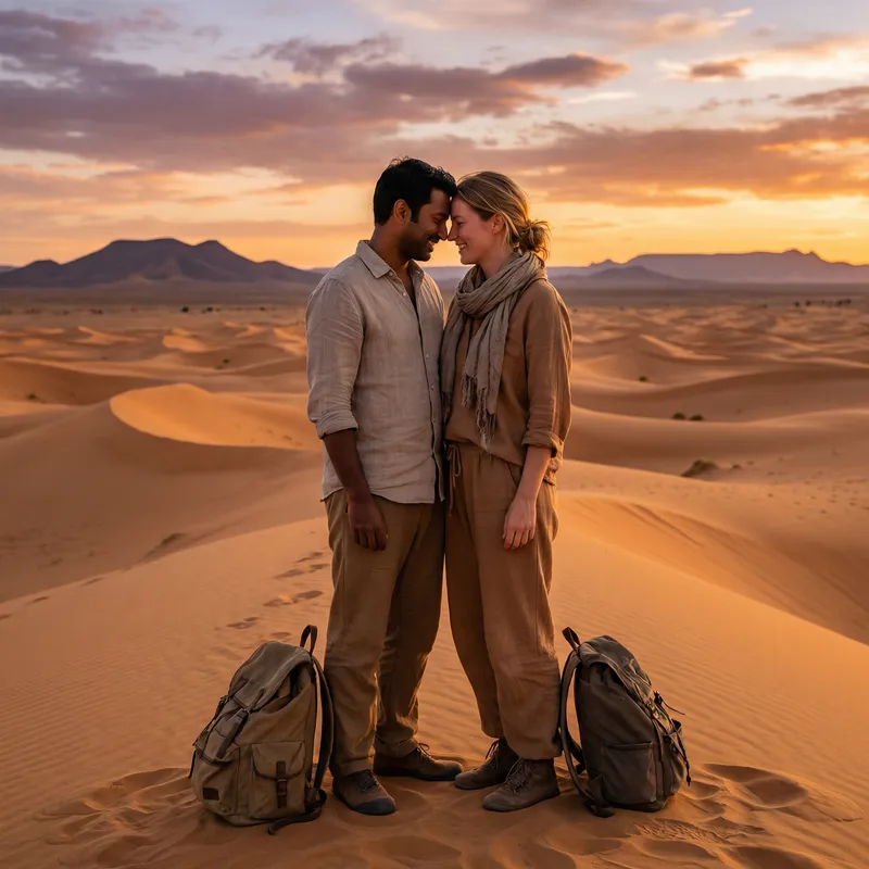 Love in the Desert: Passionate Embrace at Sunset