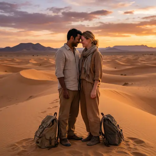 Romantic Desert Sunset: South Asian Man and Caucasian Woman Embrace Love