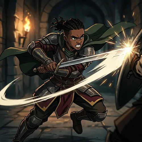 Young Black Warrior in Armor Attacks with Sword