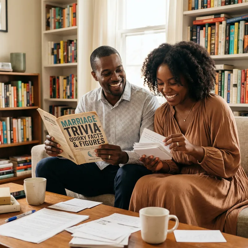 Happy African American Engaged Couple Studying for Marriage Trivia Contest