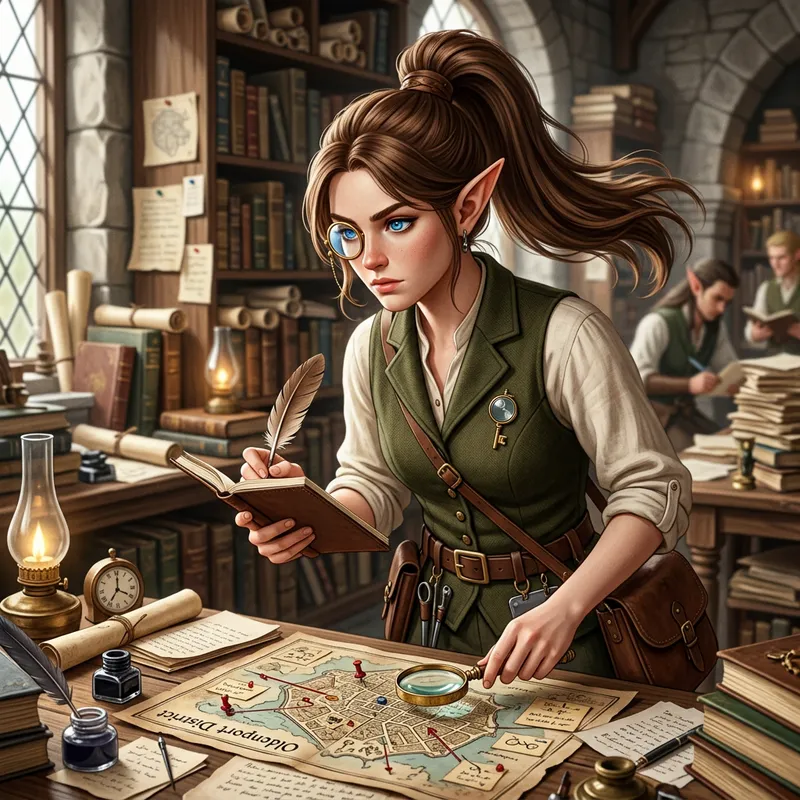 Elf Detective with a High Ponytail, Monocle, and Blue Eyes