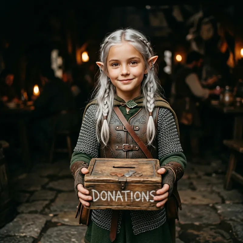 Ten Years Elf Girl with Silver Hair and Donation Box | Fantasy Scene