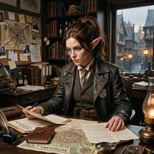 Female Elf Detective with Chestnut Brown Hair and Monocle