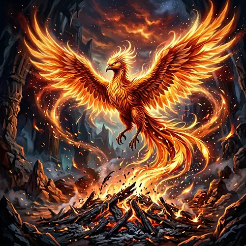 Majestic Phoenix Rising from the Ashes | Vibrant Digital Painting