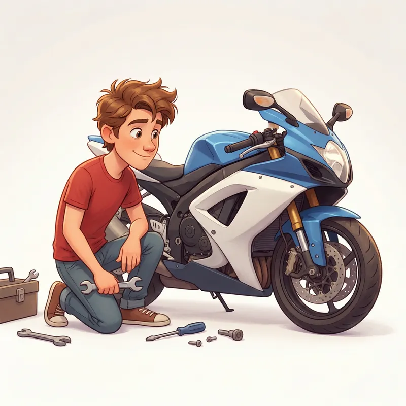 Disney Pixar Style 3D Image: Young Man in Red Shirt Fixing KTM Bike