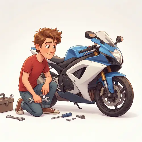 Cartoon Style 3D Image: Young Caucasian Male Fixing Sport Motorcycle