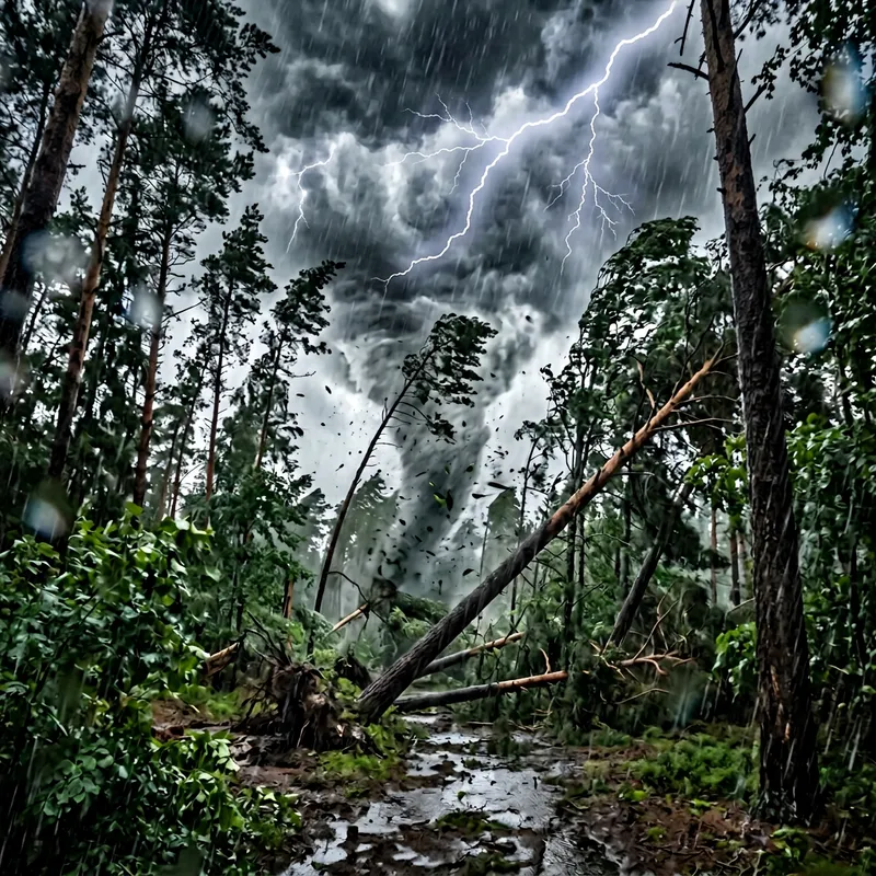 Intense Thunderstorm and Hurricane Amidst Forest