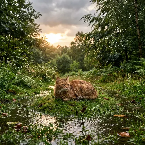 Tranquil Wet Cat in Green Clearing