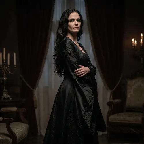 Seductive Goddess in Black Silk - Mysterious Elegance