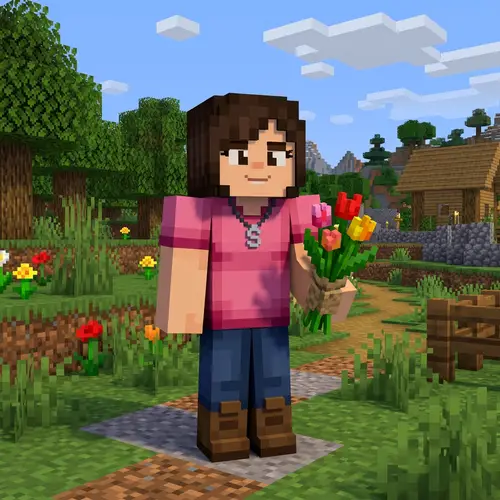 Minecraft Character with Tulips and Pink Shirt