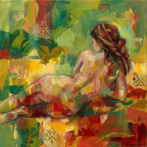 Abstract Art Piece in Red, Yellow, Green | Middle-Eastern Woman