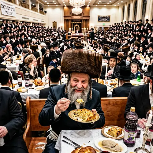 Ultra Hasidic Bearded Rabbi Indulging in Kugel with Thousands of Chasidim