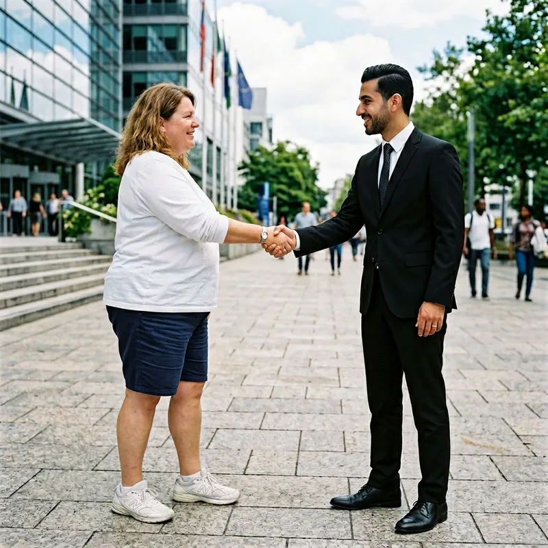 Inclusive Encounter: Heavyset Woman in Casual Attire Greets Man in Formal Wear