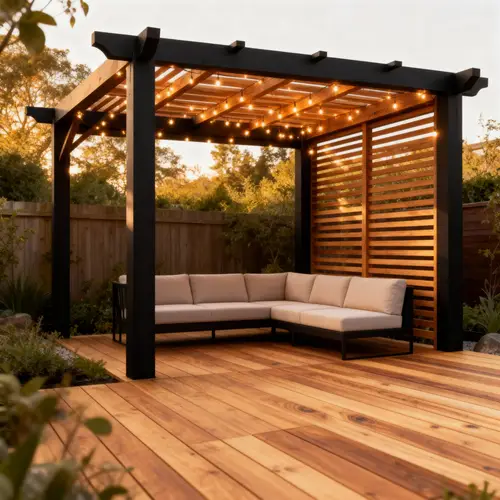 Chic Black Outdoor Lounge with Oak & Fairy Lights