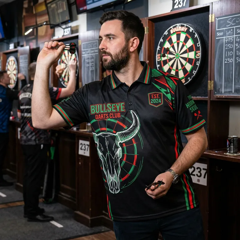 Bull's Skull Dart Polo Shirt with Black, Green & Red Design Bull's Skull Dart Polo Shirt with Black, Green & Red Design