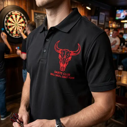 Black Polo T-Shirt with Red Bull Skull Design for Darts