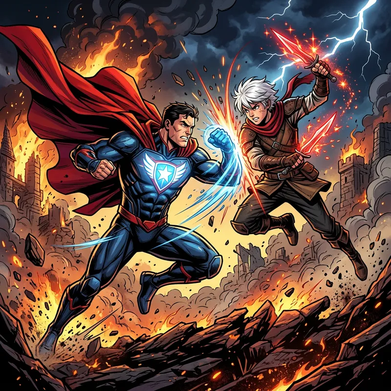 Superman vs. Bell Cranel: Epic Battle in Vibrant Comic Style Superman vs. Bell Cranel: Epic Battle in Vibrant Comic Style