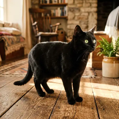 Sleek Black Domestic Short Hair Cat Gazing Curiously