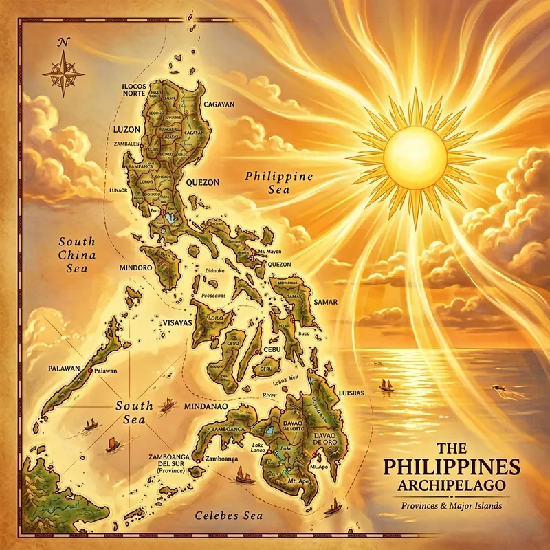 Philippine Map with Radiant Sun | Golden Sky Backdrop