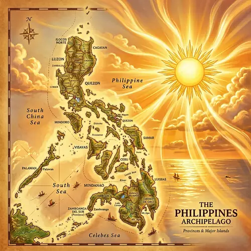 Geographic Illustration of the Philippines with Radiant Sun