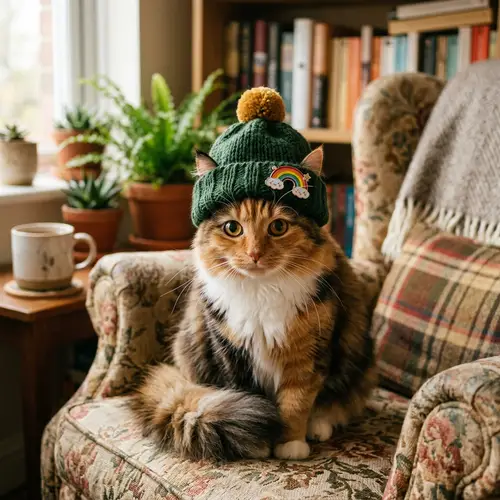 Adorable Cat in a Cute Pin Adorned Hat