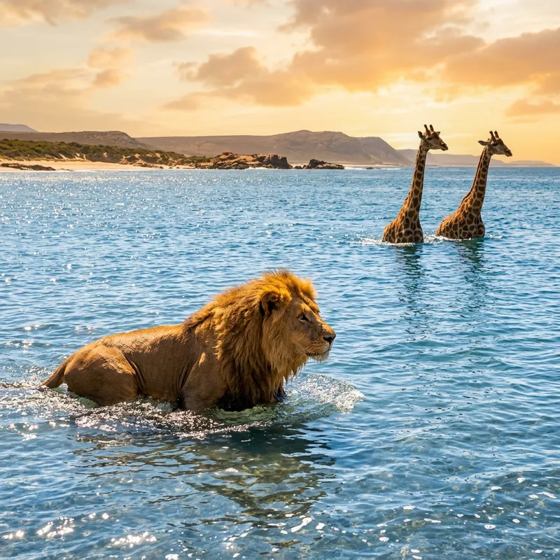 Majestic Lion and Elegant Giraffes in Sea - Captivating Scene