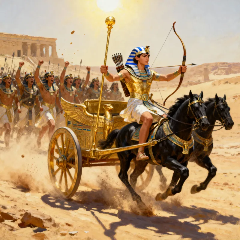 Pharaoh King Artwork: Golden Chariot Battle Scene Pharaoh King Artwork: Golden Chariot Battle Scene