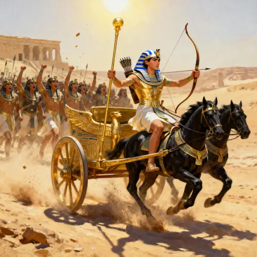 Pharaoh King Artwork: Golden Chariot Battle Scene