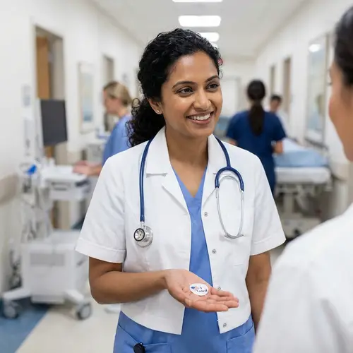 South Asian Female Doctor Smiling with Round Button