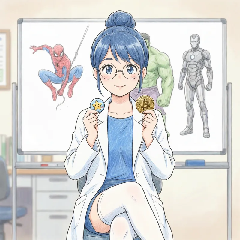 Anime Style Doctor Woman with Blue Hair Holding Bitcoin and Superheroes