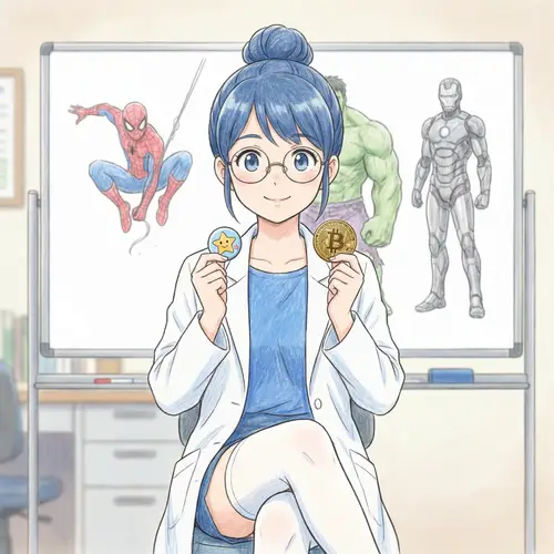 Young Doctor with Blue Hair Holding Bitcoin Button and Superhero Images