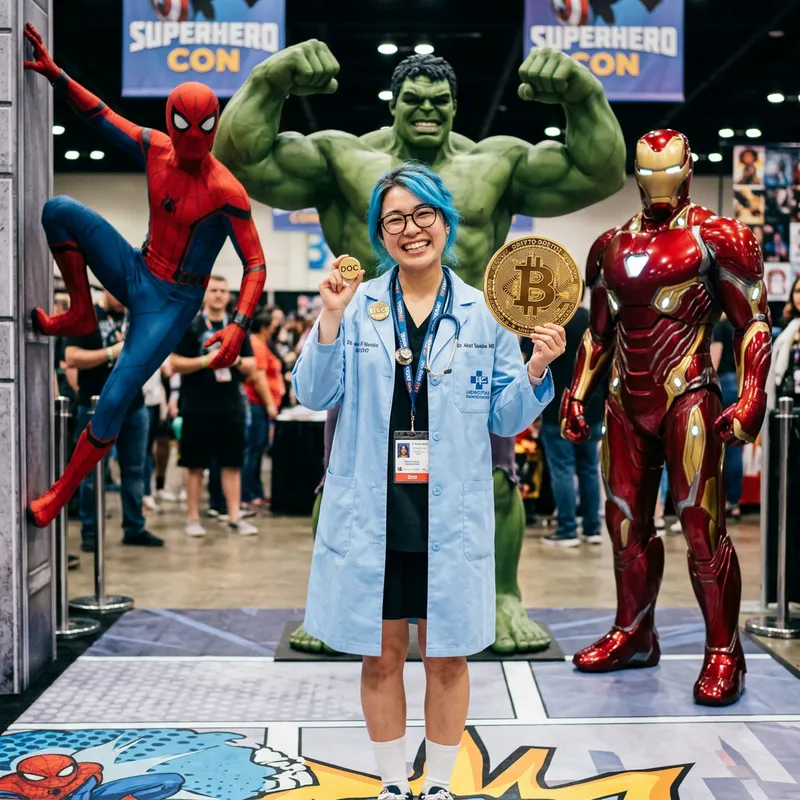 Anime Style Female Doctor with Blue Hair, Superheroes, and Bitcoin