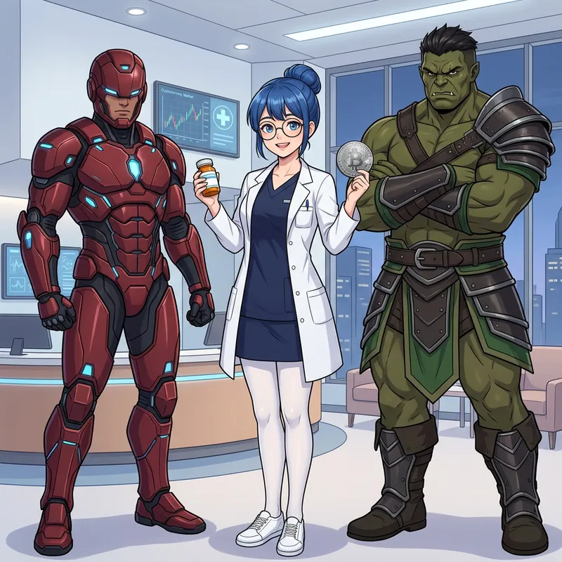 Anime Style Young Doctor Woman with Blue Hair, Bitcoin, and Superheroes