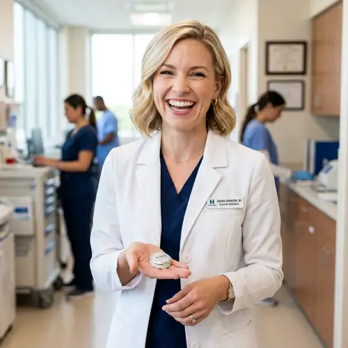 Blonde Caucasian Woman in White Gown Holding Button | Radiant Joy