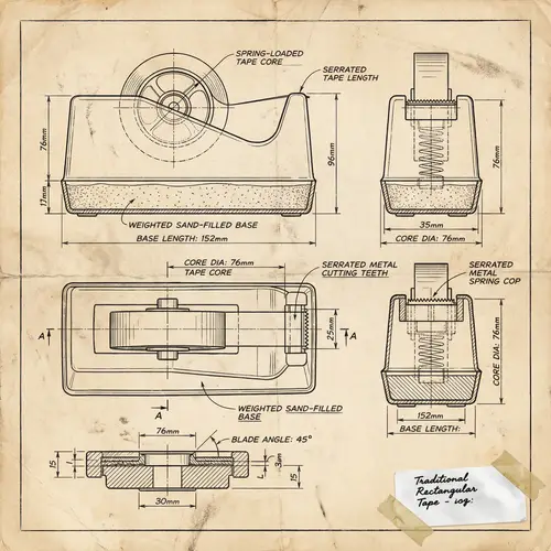 Detailed Technical Blueprint of a Traditional Tape Dispenser