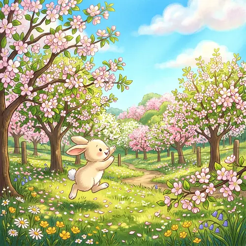 Cartoon Rabbit in Blooming Apple Orchard - Serene Spring Scene