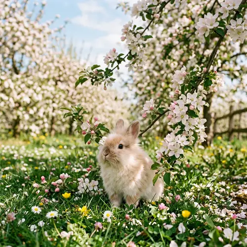 Fluffy Bunny in Blossoming Apple Garden