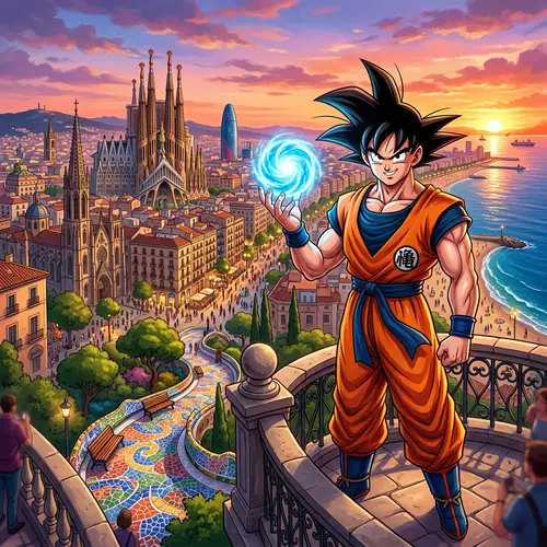 Goku in Barcelona: Mythical Energy in Sunset Cityscape