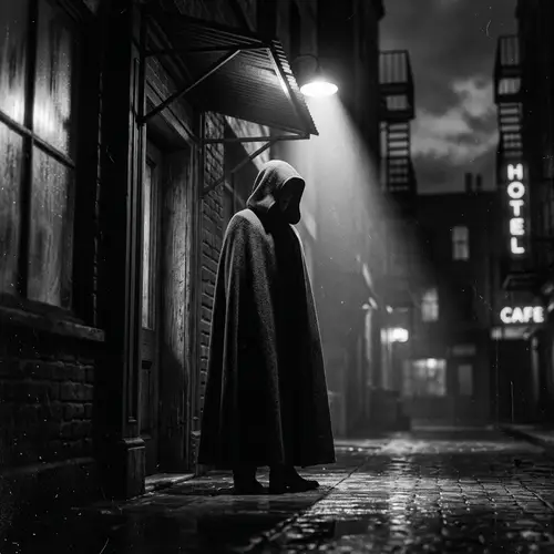 Vintage Film Noir Silhouette Photography | Mystery Figure in Cloak