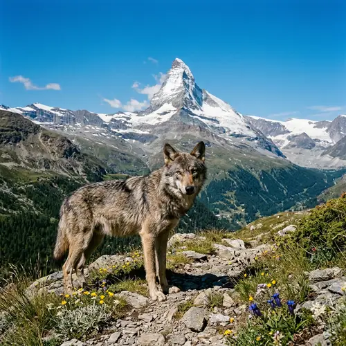Majestic Wolf Standing in Front of Matterhorn