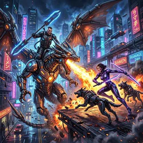 Epic Cyborg Battle in Cyberpunk City