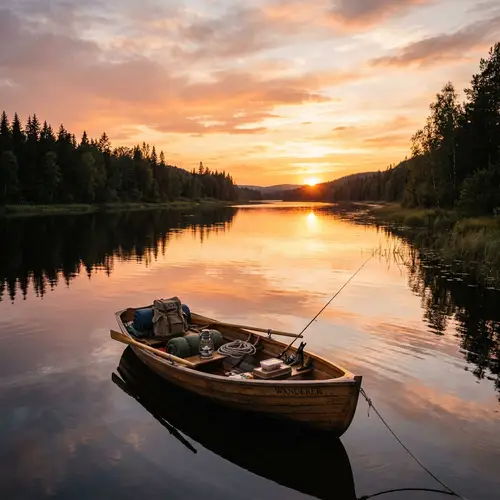 Tranquil River Sunset Adventure - Camping & Fishing Gear in Boat