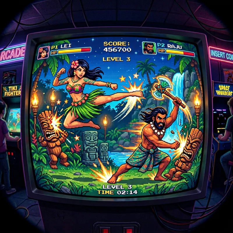 Dynamic Tiki Twins: Retro Arcade Action in Vibrant Colors