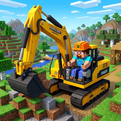 Minecraft Digger: Steve Operating Pixelated Digger in Cubist Environment