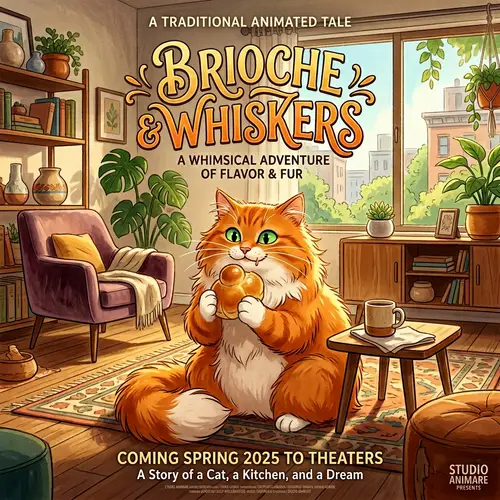 Charming Orange Cat Enjoys Brioche in Aesthetic Setting